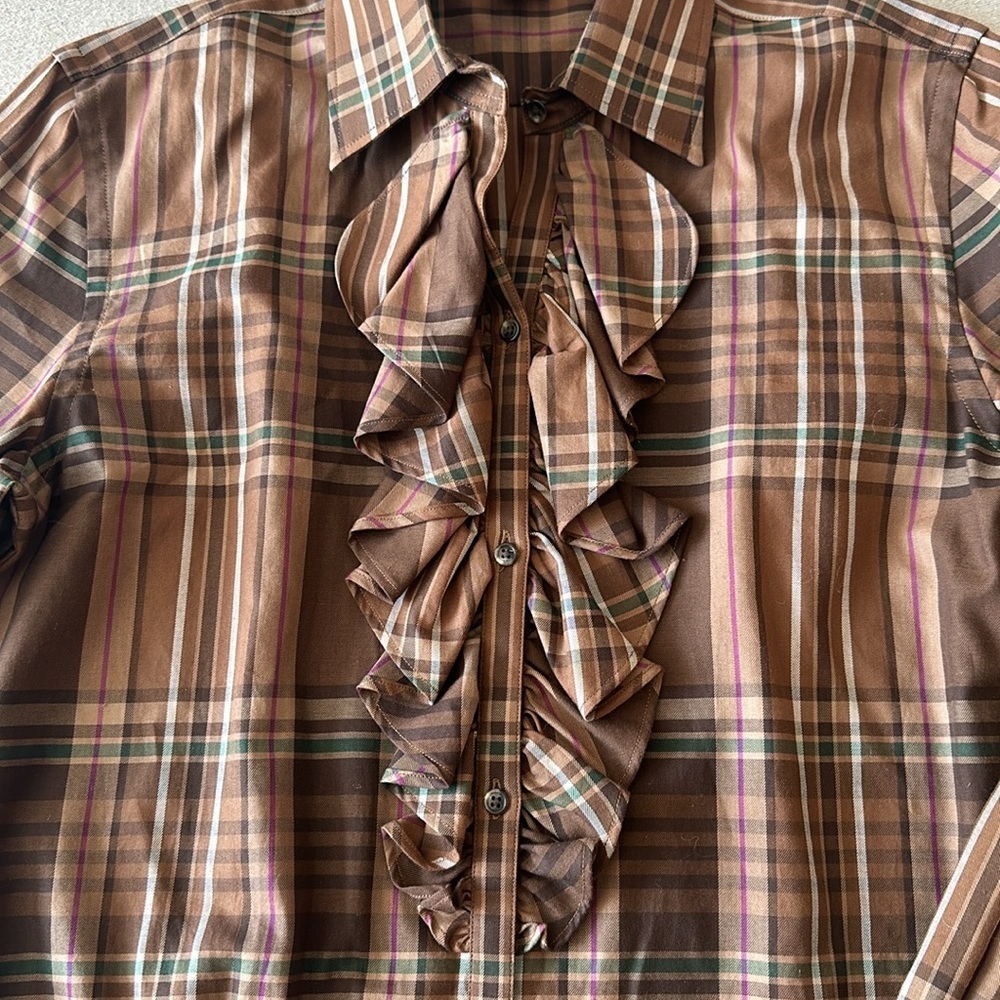 Lauren Ralph Lauren brown plaid ruffle blouse - Picture 2 of 4
